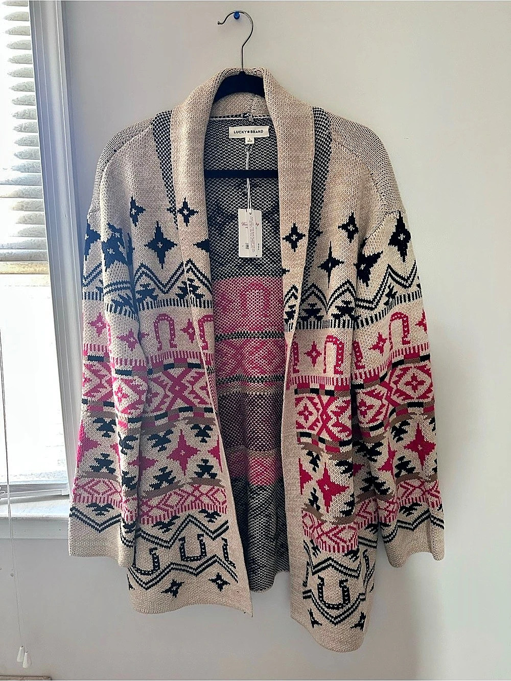 Lucky Brand Horseshoe Cardigan in Beige & Red Size Large NWT